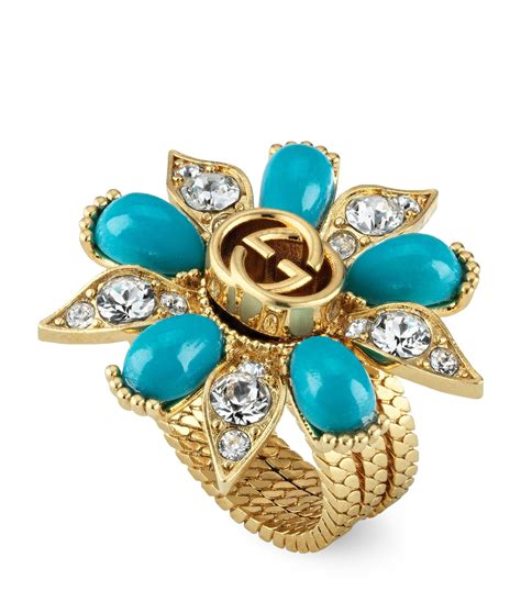 gucci floral ring gold|Gucci flower tuquise ring.